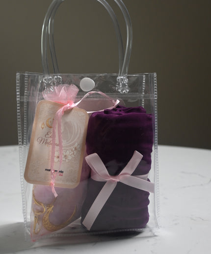 hijab gift set with crochet heart keychain and purple hijab in a bag