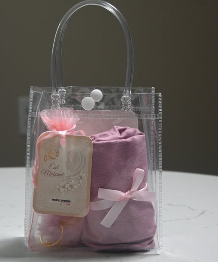hijab gift set with crochet heart keychain and pink hijab in a bag
