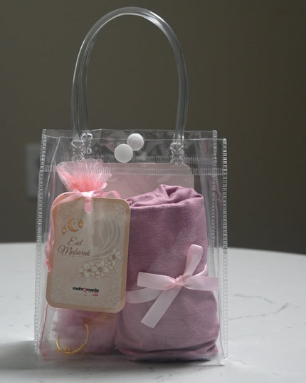 hijab gift set with crochet heart keychain and pink hijab in a bag