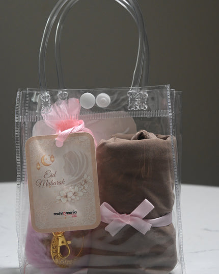 hijab gift set with crochet heart keychain and light brown hijab in a bag