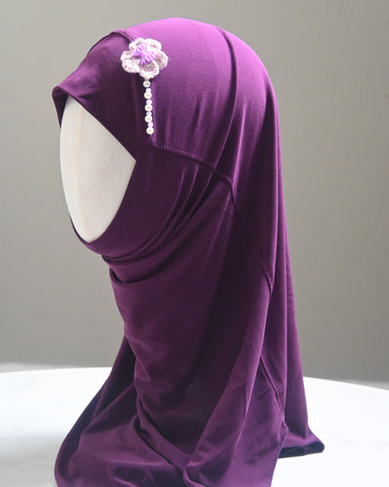 girls purple hijab with crochet flower and pearls
