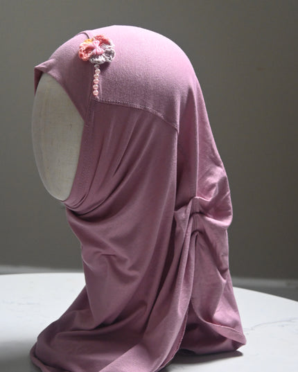 girls pink hijab with crochet flower and pearls