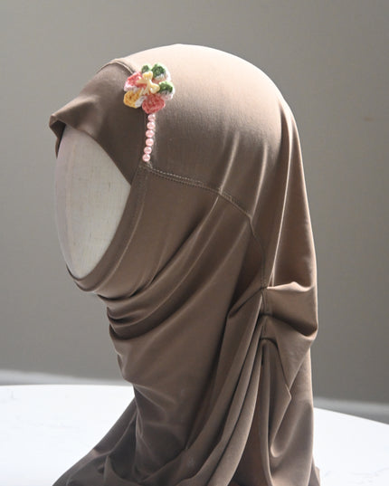 girls light brown hijab with crochet flower and pearls