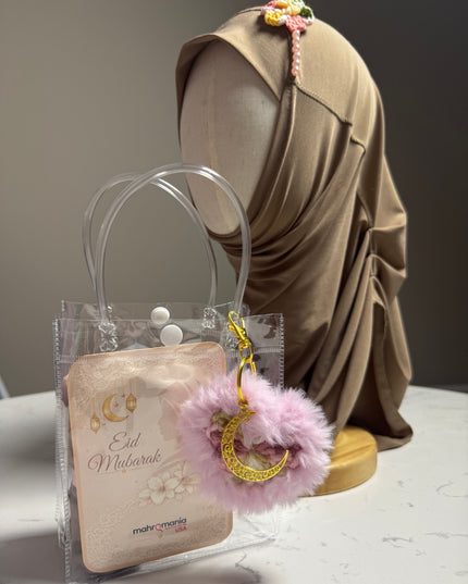 hijab gift set with crochet heart keychain and light brown hijab in a bag