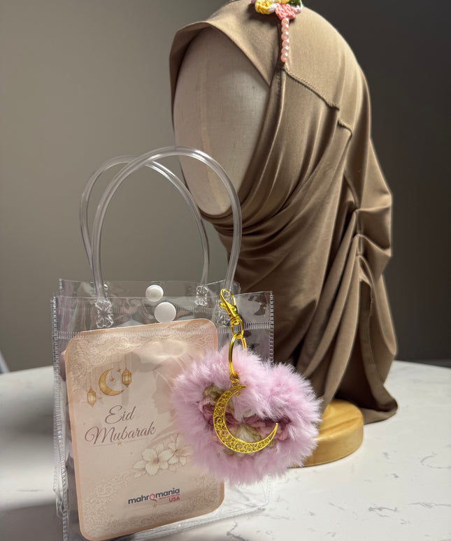 hijab gift set with crochet heart keychain and light brown hijab in a bag