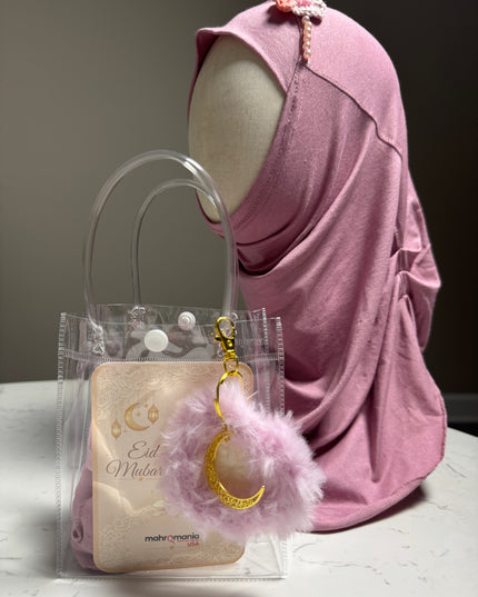 hijab gift set with crochet heart keychain and pink hijab in a bag