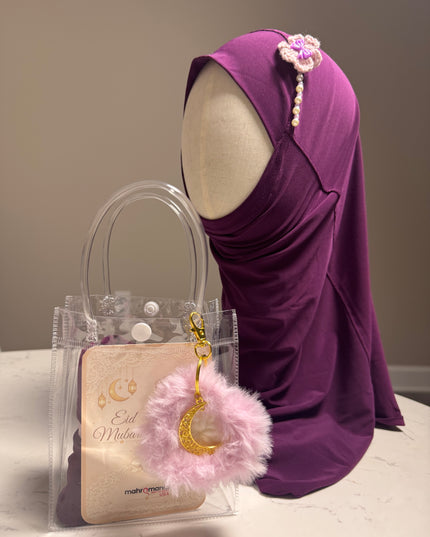 hijab gift set with crochet heart keychain and purple hijab in a bag
