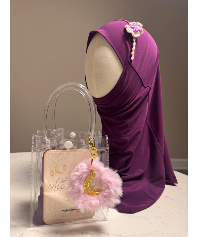 hijab gift set with crochet heart keychain and purple hijab in a bag